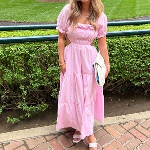 Pink Puff-Sleeve Tiered Maxi Dress